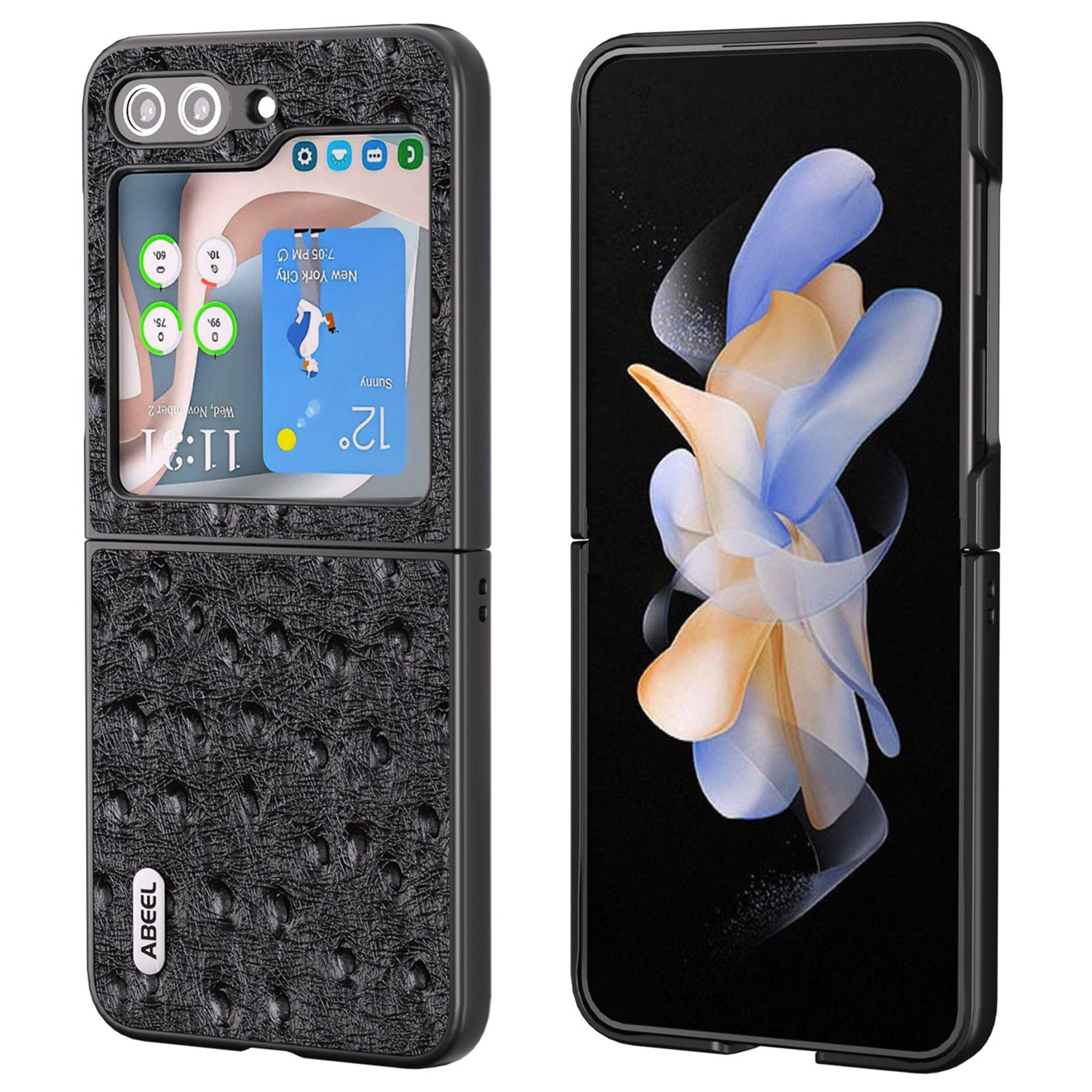 ABEEL pro Samsung Galaxy Z Flip5 5G skládací pouzdro na telefon s texturou pštrosí kůže z pravé hovězí kůže Hard PC Shell ABEEL pro Samsung Galaxy Z Flip5 5G skládací pouzdro na telefon s texturou pštrosí kůže z pravé hovězí kůže Hard PC Shell